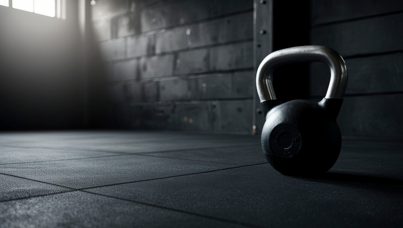 Cast iron kettlebell on a dark gym floor